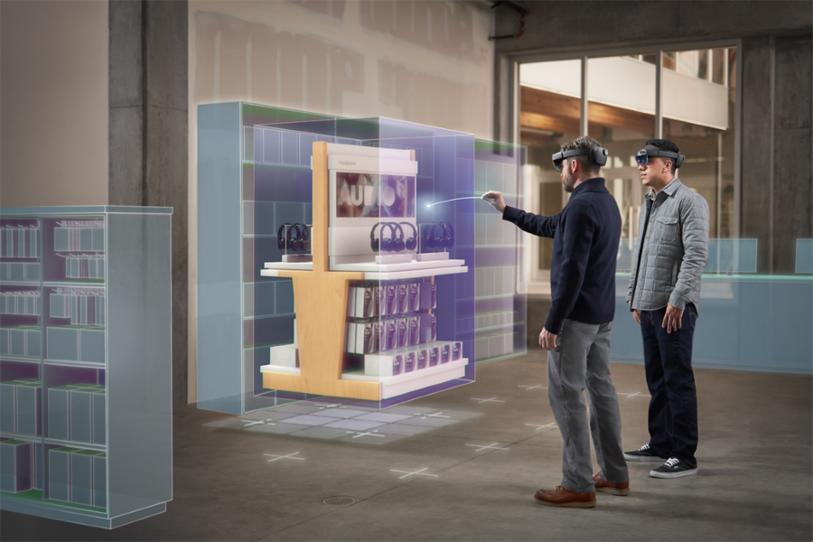 Two men using Microsoft Dynamics 365 Layout in a retail space. Contains hologram scenario.