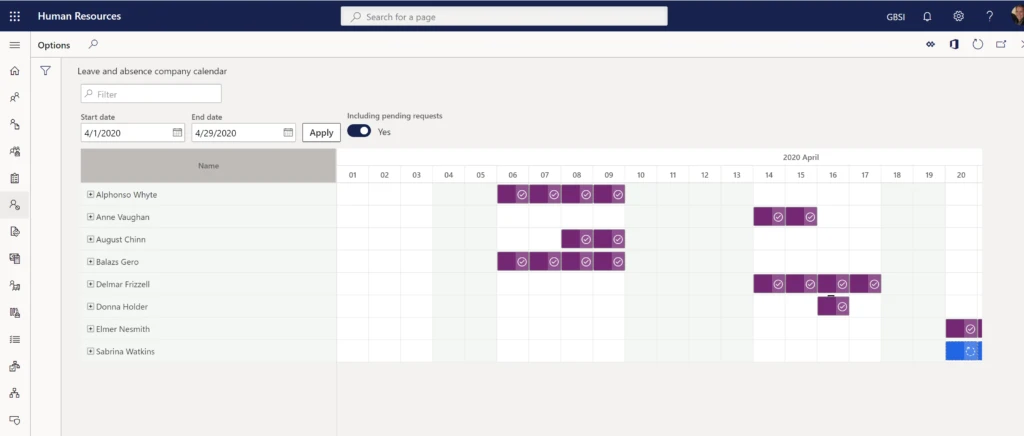 Calendar view within Dynamics 365 Human Resources showing multiple team member’s calendars.