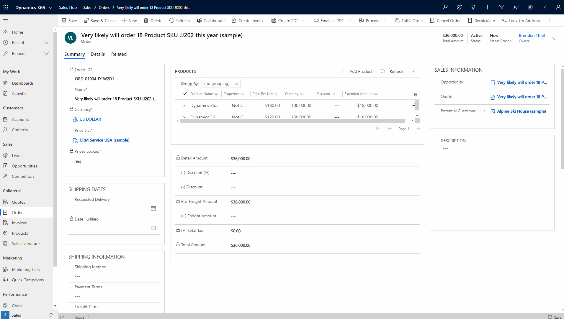 Image showing PDF document created based on sample order record being saved on Dynamics as a note after user confirmation.