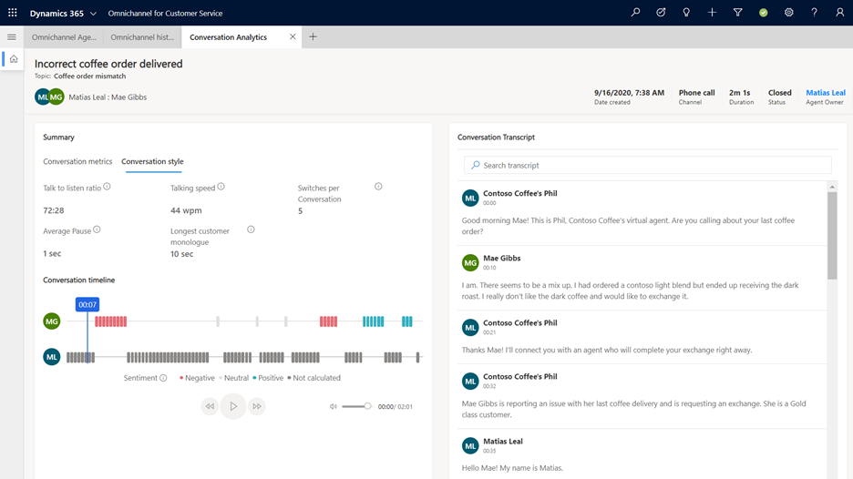 Managers can leverage detailed conversation analytics and the call transcript to analyze the conversation with the customer, including opportunities for agents to improve and increase satisfaction in future conversations.