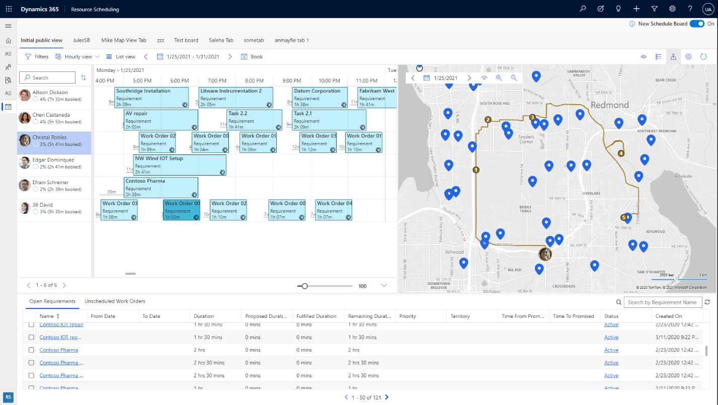 New schedule board map view showing work and technician locations