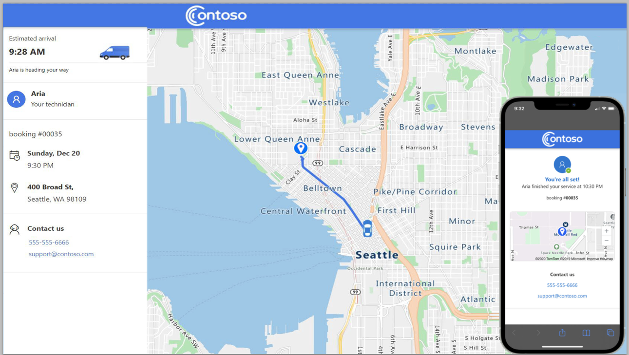 Customers can view the technician's location on a map to know the status of their travel to a service visit
