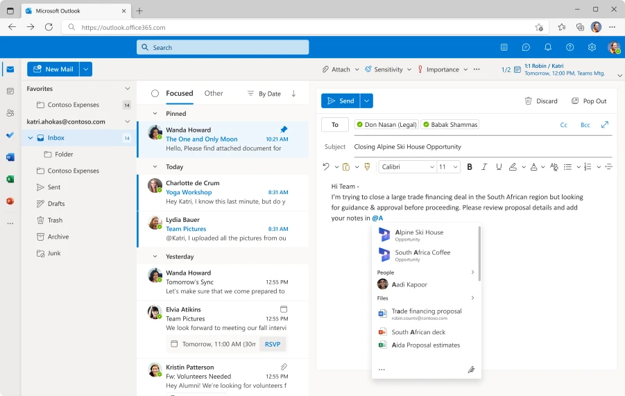 While writing a message in Outlook or Teams, or when creating a document in Microsoft Office, type “@” followed by a keyword, document title, or person’s name for suggested contact cards, documents, or Dynamics 365 records