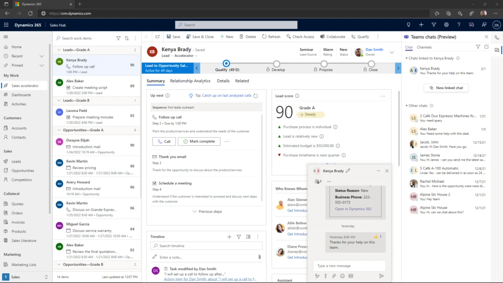 Microsoft Teams chat embedded within Dynamics 365 Sales