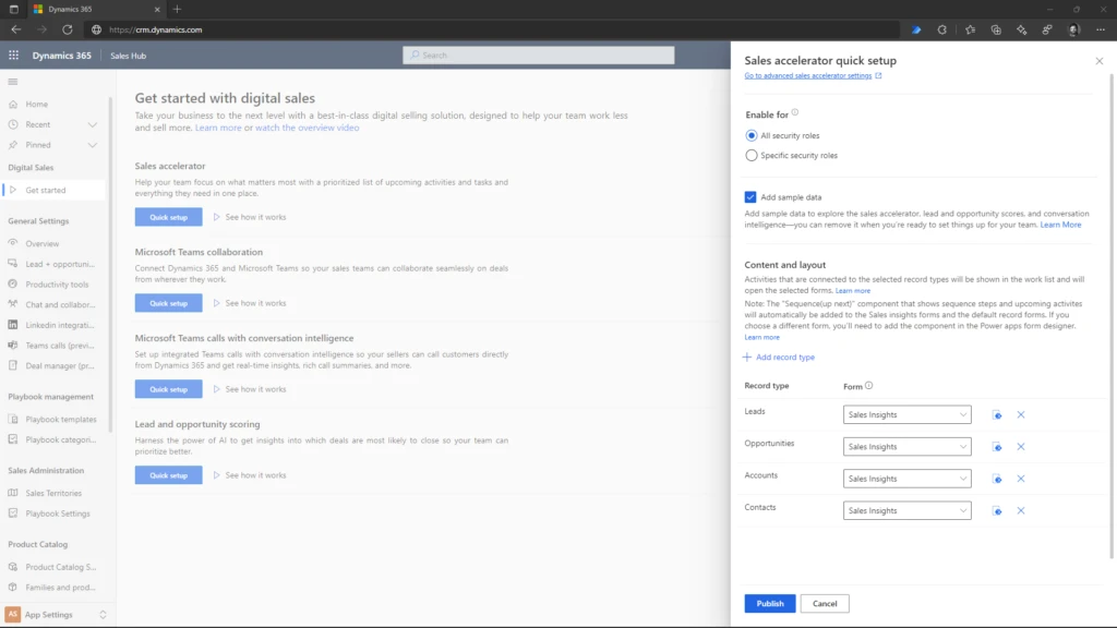 Dynamics 365 Sales screenshot of ‘Get started with digital sales’ in-app setup guidance for sales accelerator, Microsoft Teams and Dynamics 365 connectivity, conversational intelligence, and lead and opportunity scoring.