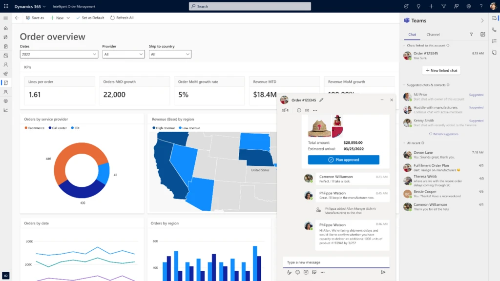 Screen shot showing embedded Microsoft Teams in the Intelligent Order Management user interface.