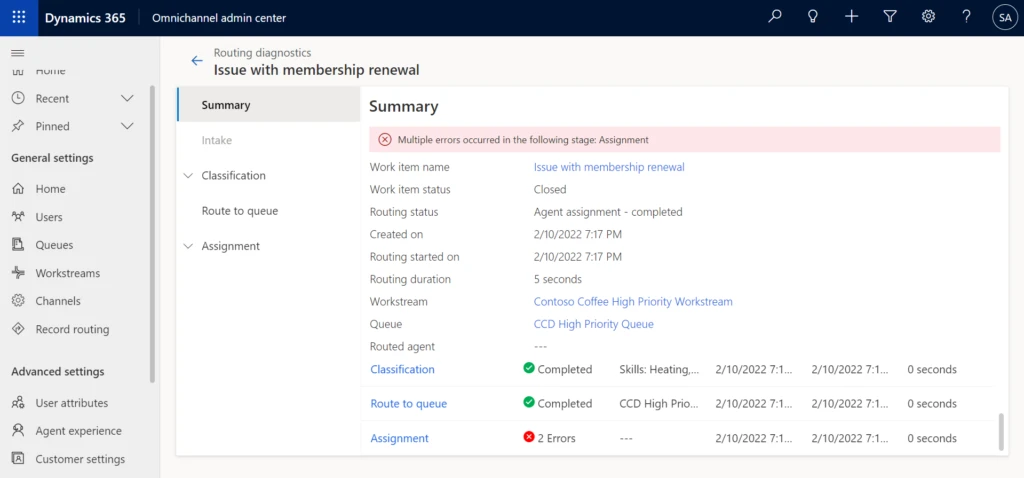 Screenshot of a routing diagnostics page with error indicators shown.