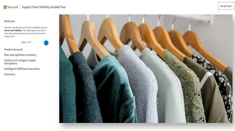 Screenshot showing a Supply Chain Visibility Guided tour demonstrating how retailer, Fabrikam, uses Microsoft Cloud for Retail to provide end-to-end visibility of its supply chain.
