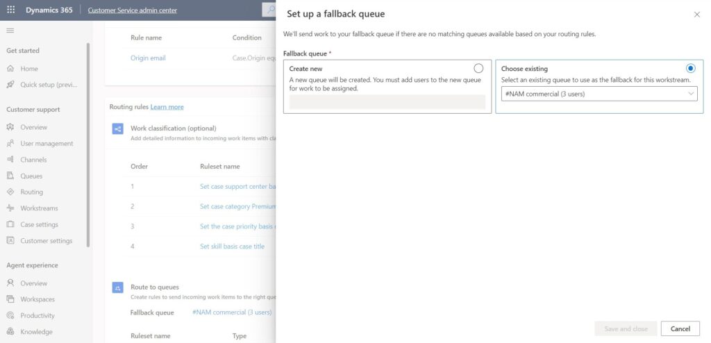 Screenshot of setting up a fallback queue in Customer Service.