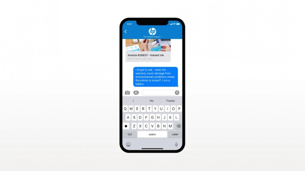 HP customer service chat on phone with customer asking about warranty coverage.