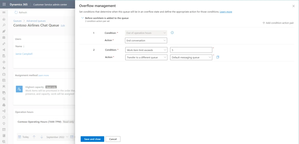 Screenshot of call overflow management actions in Microsoft Dynamics 365 Customer Service.