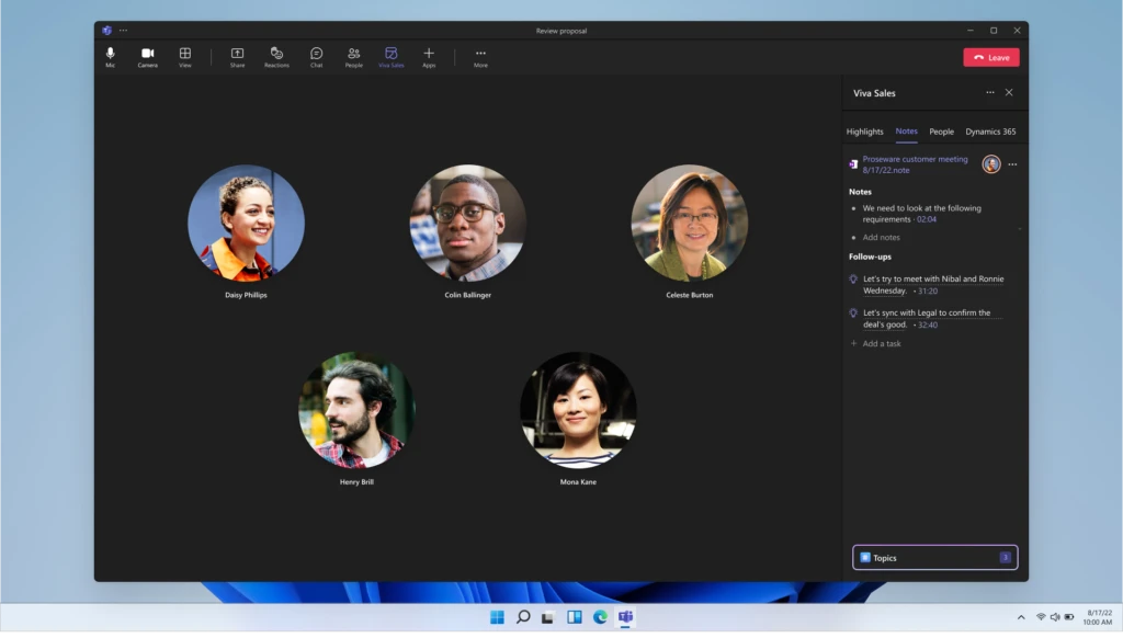 Viva Sales in the sidebar of a Teams call.