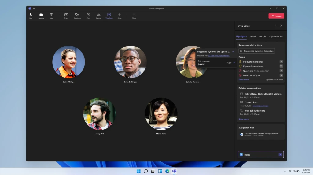 Recommended actions in the sidebar of a Teams call.