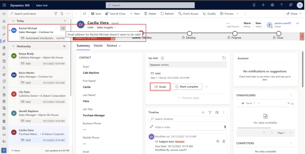 Screenshot showing an invalid email address in the work list item and Up next widget.