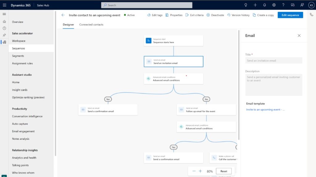 Screenshot of the new sales sequence designer in Dynamics 365 sales accelerator.
