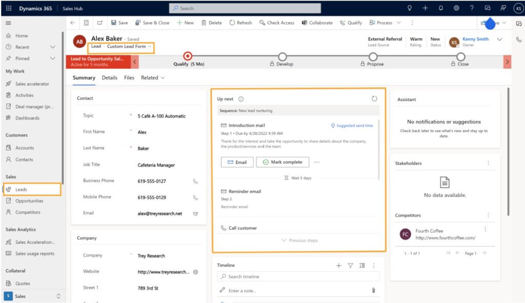 Screenshot of the Up next widget in a lead form in Dynamics 365 sales accelerator.