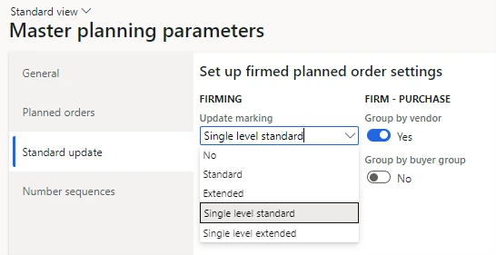 Screenshot of the single-level marking option in Dynamics 365 Supply Chain Management.