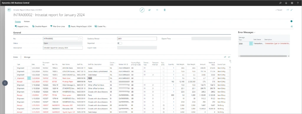 Screenshot of the new Intrastat Report document page in Microsoft Dynamics 365 Business Central.