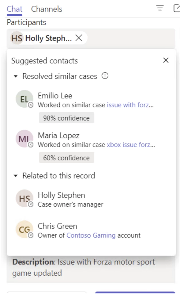 Screenshot of suggested contacts in an embedded Teams chat in Microsoft Dynamics 365 Customer Service.