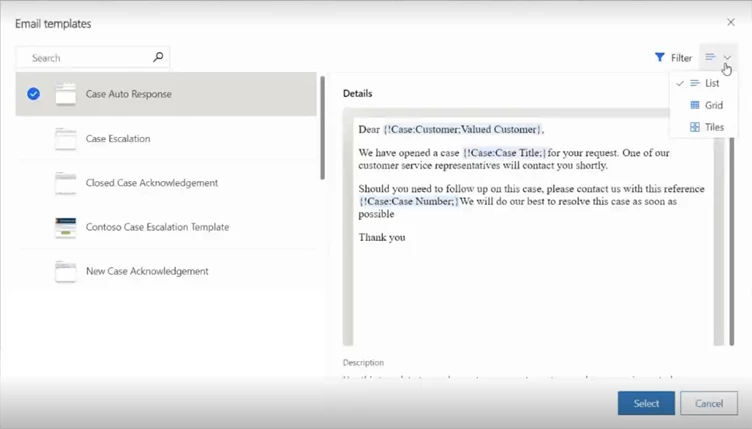 Screenshot of the new email templates selection experience in Microsoft Dynamics 365 Customer Service.