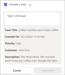 Screenshot of a conversation transcript in an embedded Teams chat in Microsoft Dynamics 365 Customer Service.