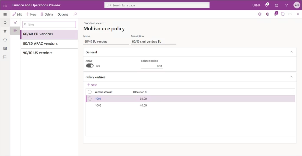 Screenshot of multisource policy settings in Microsoft Dynamics 365 Supply Chain Management.