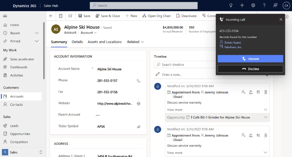 Screenshot of possible matches for an incoming call in the embedded Teams dialer in Microsoft Dynamics 365 Sales.
