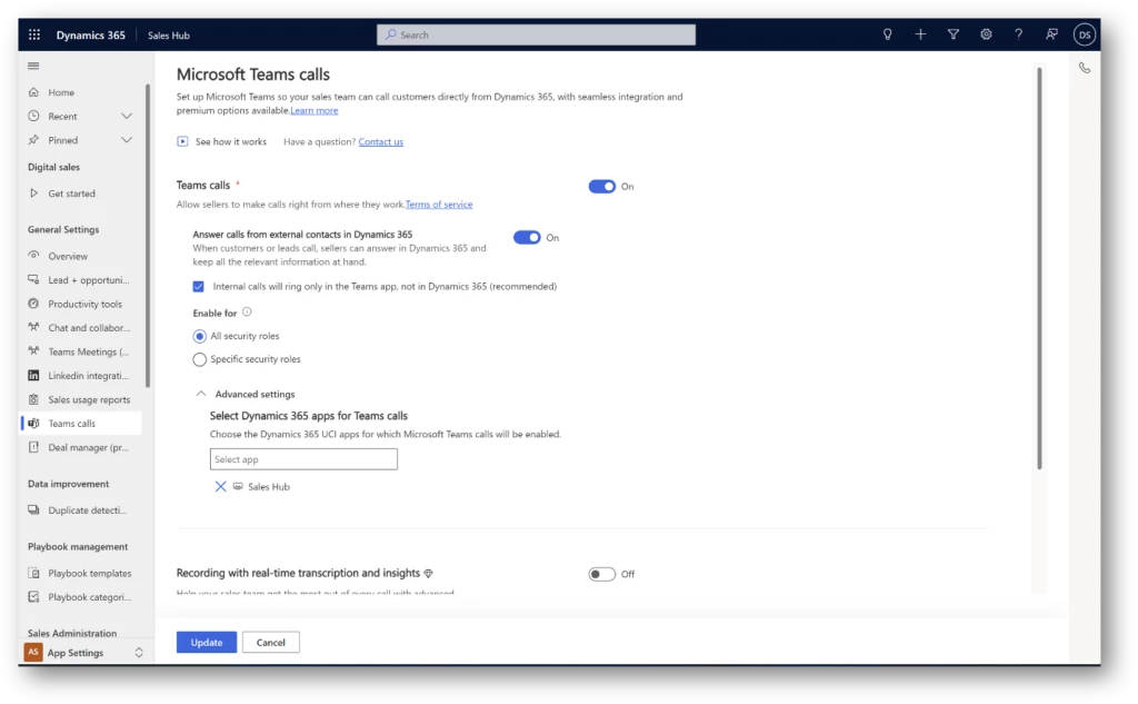 Screenshot of the settings page for the embedded Teams dialer in Microsoft Dynamics 365 Sales.