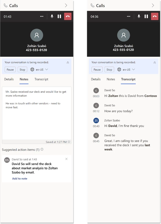 Screenshot of real-time conversation intelligence enhancing seller productivity in Microsoft Dynamics 365 Sales.