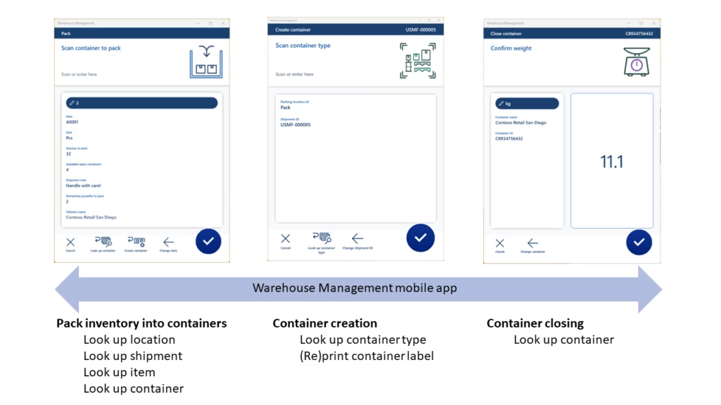 Screenshots from the Dynamics 365 Warehouse Management mobile app with improved packing efficiency.