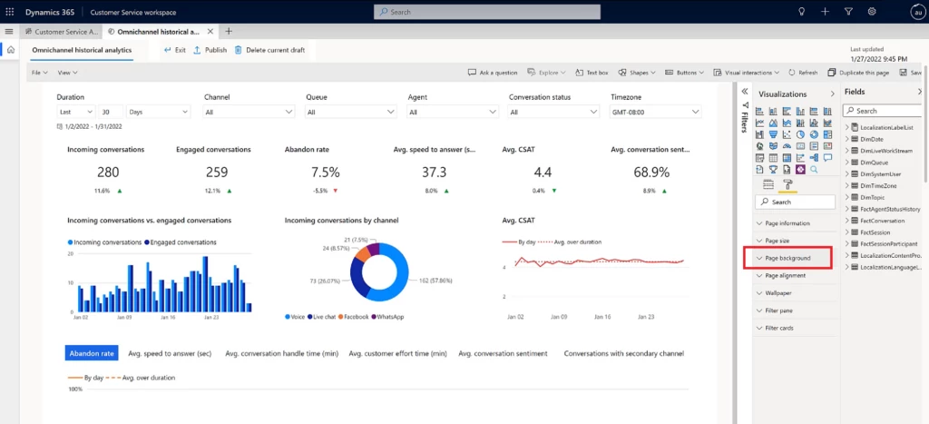 Screenshot of customizing a visual in a customer service data report in Microsoft Dynamics 365 Customer Service.
