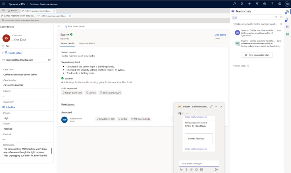 Screenshot of a case swarm in Microsoft Dynamics 365 Customer Service.
