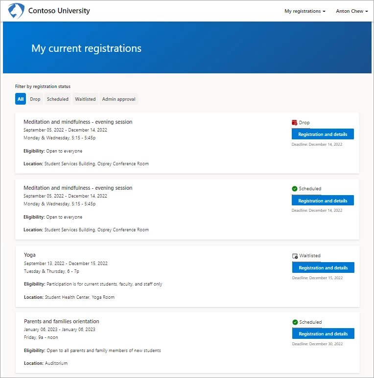 Screenshot of a program registration portal created with Microsoft Dynamics 365 education accelerator.
