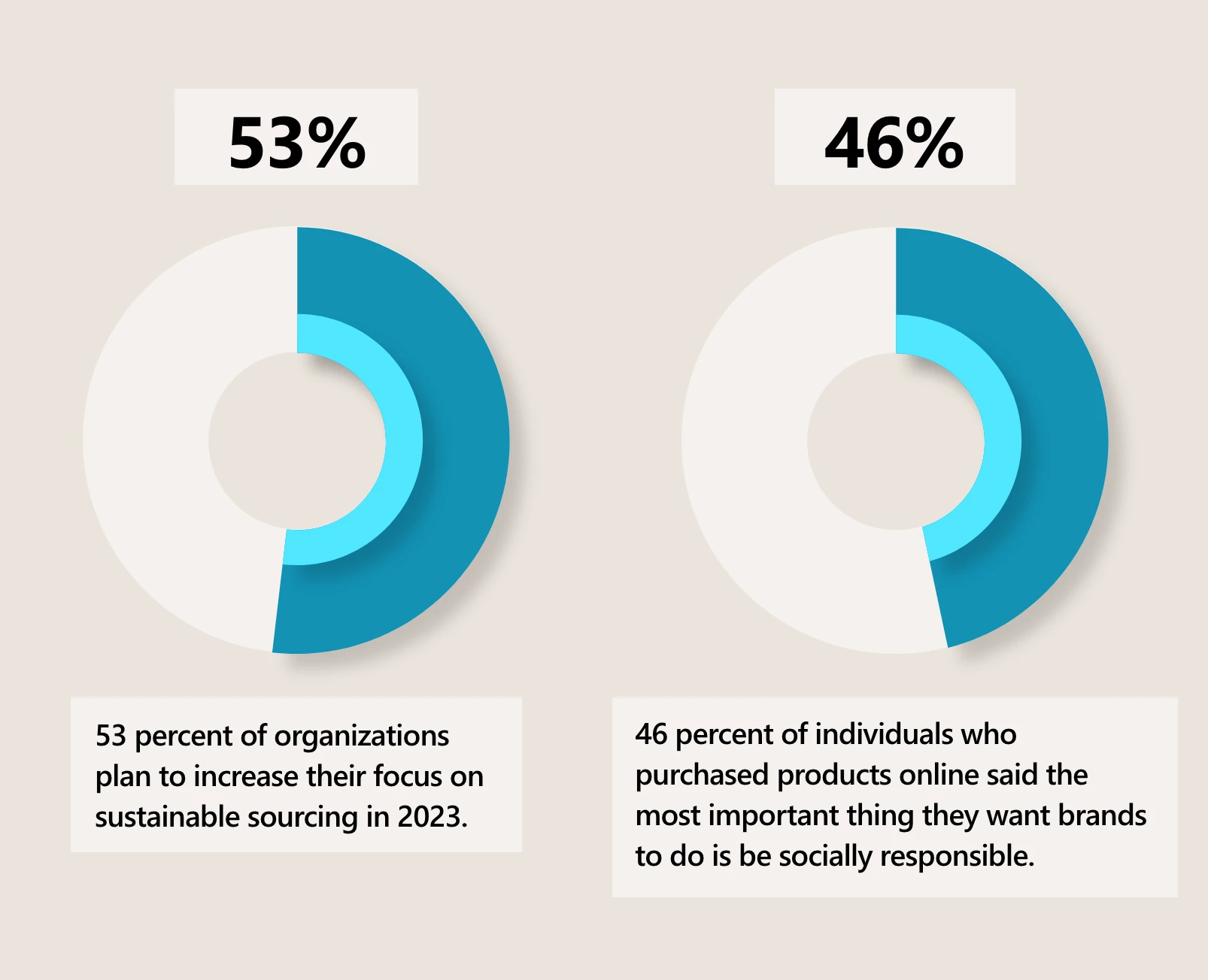 Graphs depicting that 53 percent of organizations plan to increase their focus on sustainable sourcing in 2023, and 46 percent of individuals who purchased products online said the most important thing they want brands to do is be socially responsible.