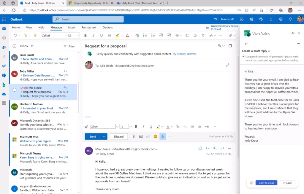 Screenshot of Viva Sales showing examples of auto-generated responses&nbsp;