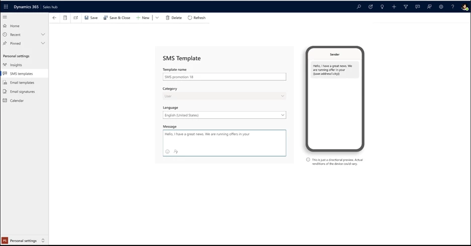 Image showing how to create a template of an SMS for the new communication channels Dynamics 365 offers.