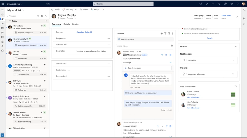 screenshot showing the entity timeline with communication channels, customer information and other blocks. The communication channel block shows SMS conversation.