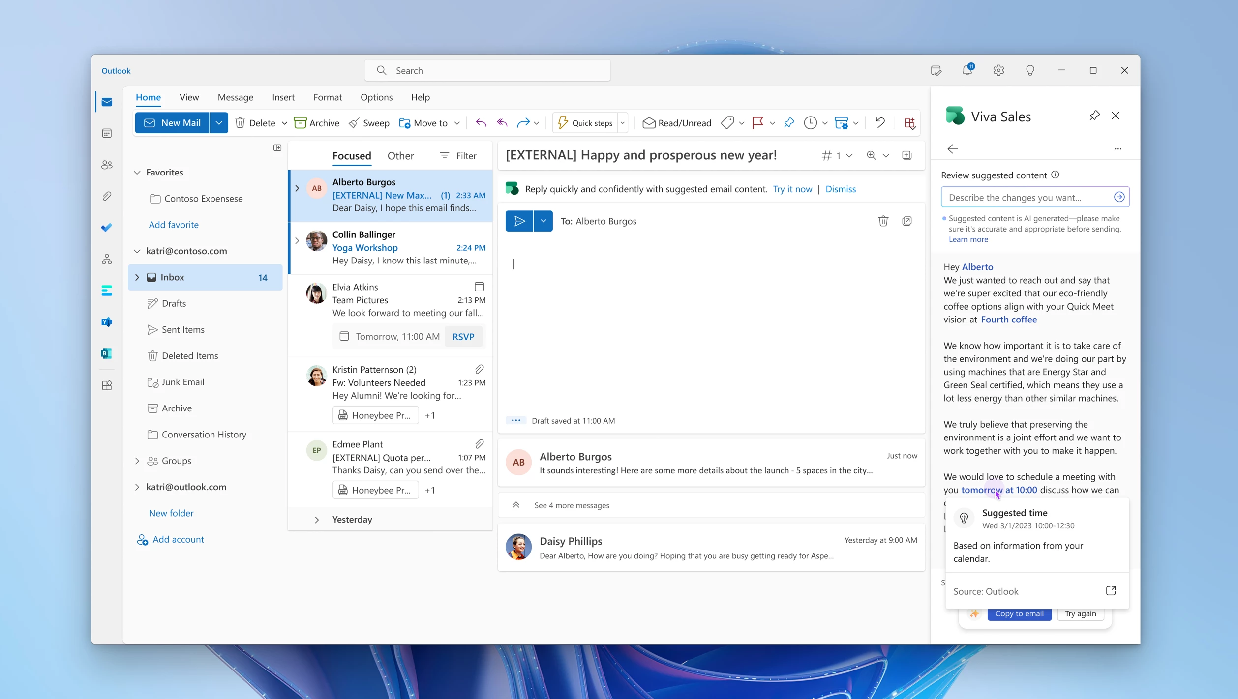 UI of Viva Sales suggesting time in email response.