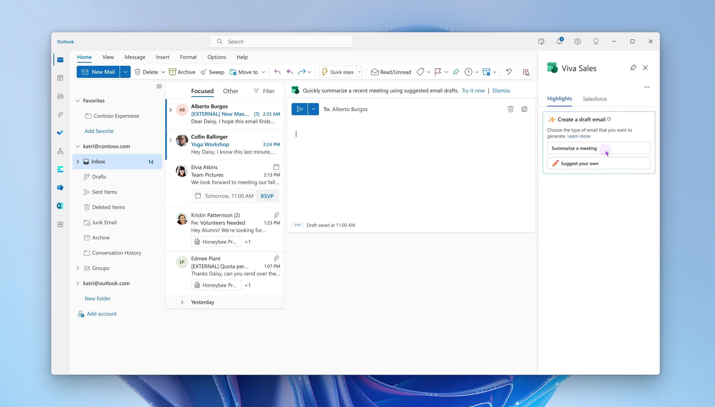 UI showing the option to create a draft email that summarizes a meeting.