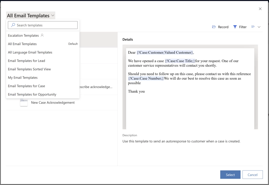 Image of email template search bar with an email template in the right panel
