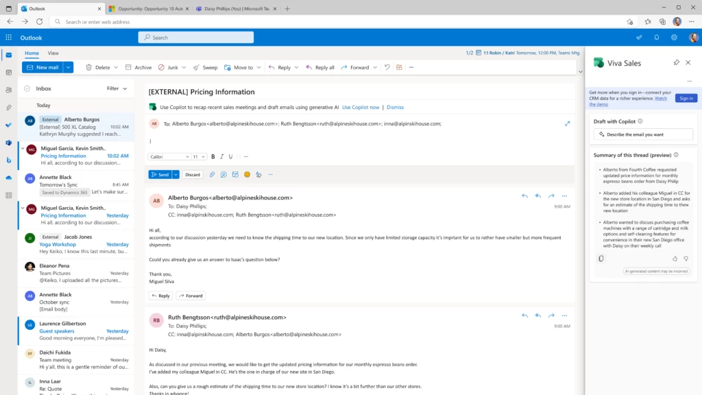 Outlook view with Viva Sales side-pane open, showing thread summary and prompt to draft with Copilot
