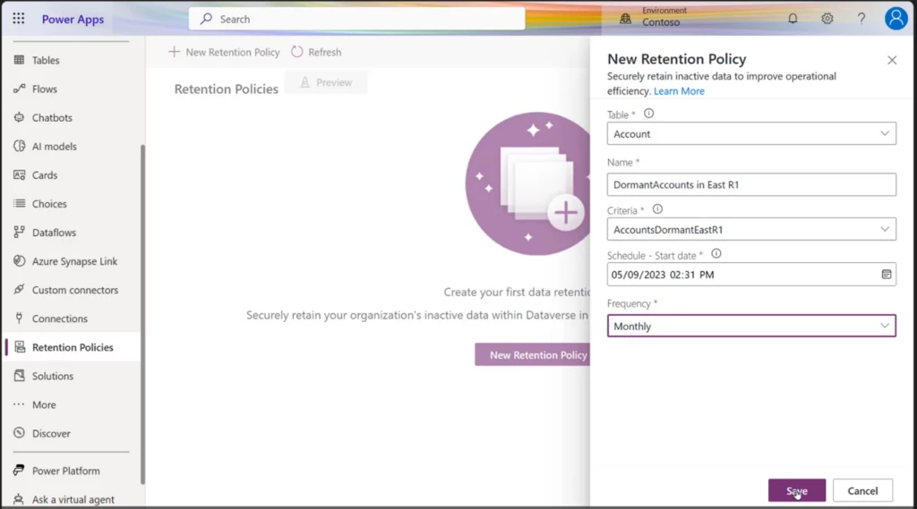 Screenshot of the retention policy settings in Microsoft Power Apps.