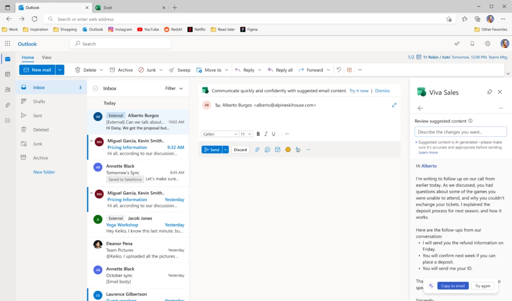 Outlook email view with Viva Sales open on the right-hand side panel showing an AI-generated meeting summary email