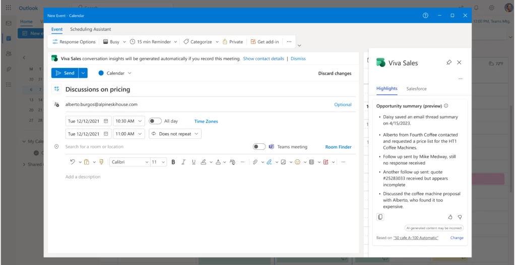 Calendar invite with Viva Sales open on the right-hand side pane, showing an opportunity summary view with a few bullet points