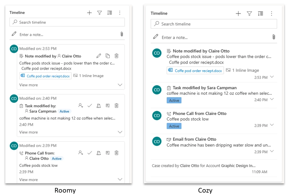 Comparison of roomy and cozy timeline layouts