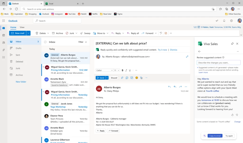 view of outlook web with a Viva Sales side-pane on the right side of the screen, showing an AI-generated email content suggestion