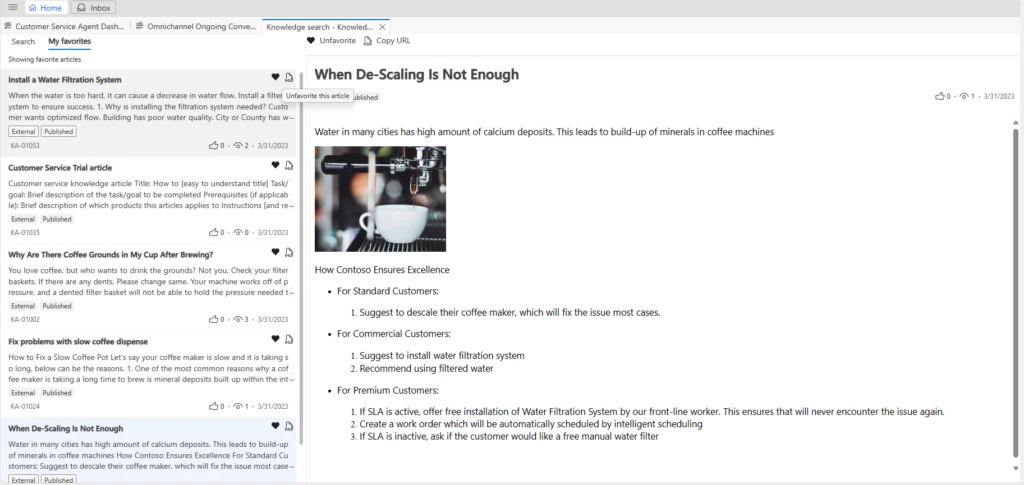 Customer Service workspace showing a knowledge article on the home screen with a favorites list of knowledge articles in the left pane