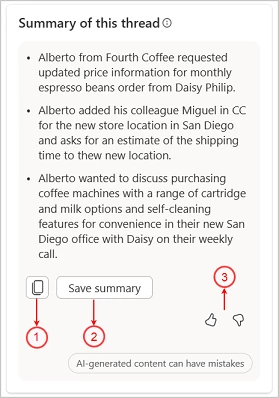 AI-generated email thread summary with 3 bullet points.