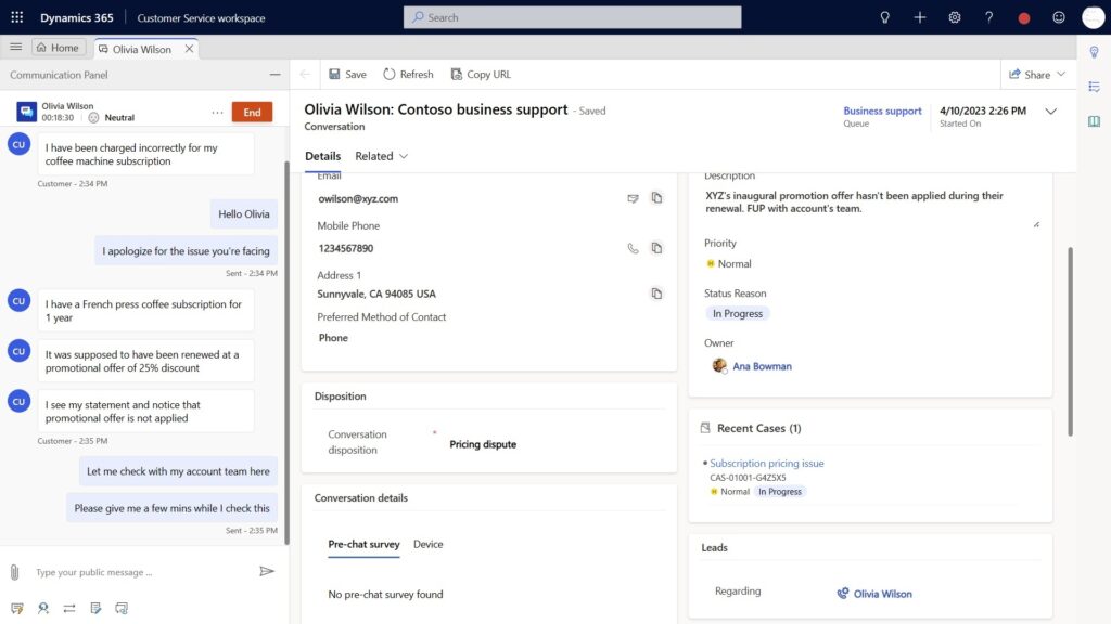 Disposition and lead example of conversation summarization in Customer Service workspace