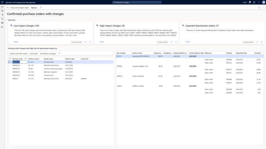 Screenshot showing Copilot within Dynamics 365 Supply Chain Management to efficiently handle changes to purchase orders 